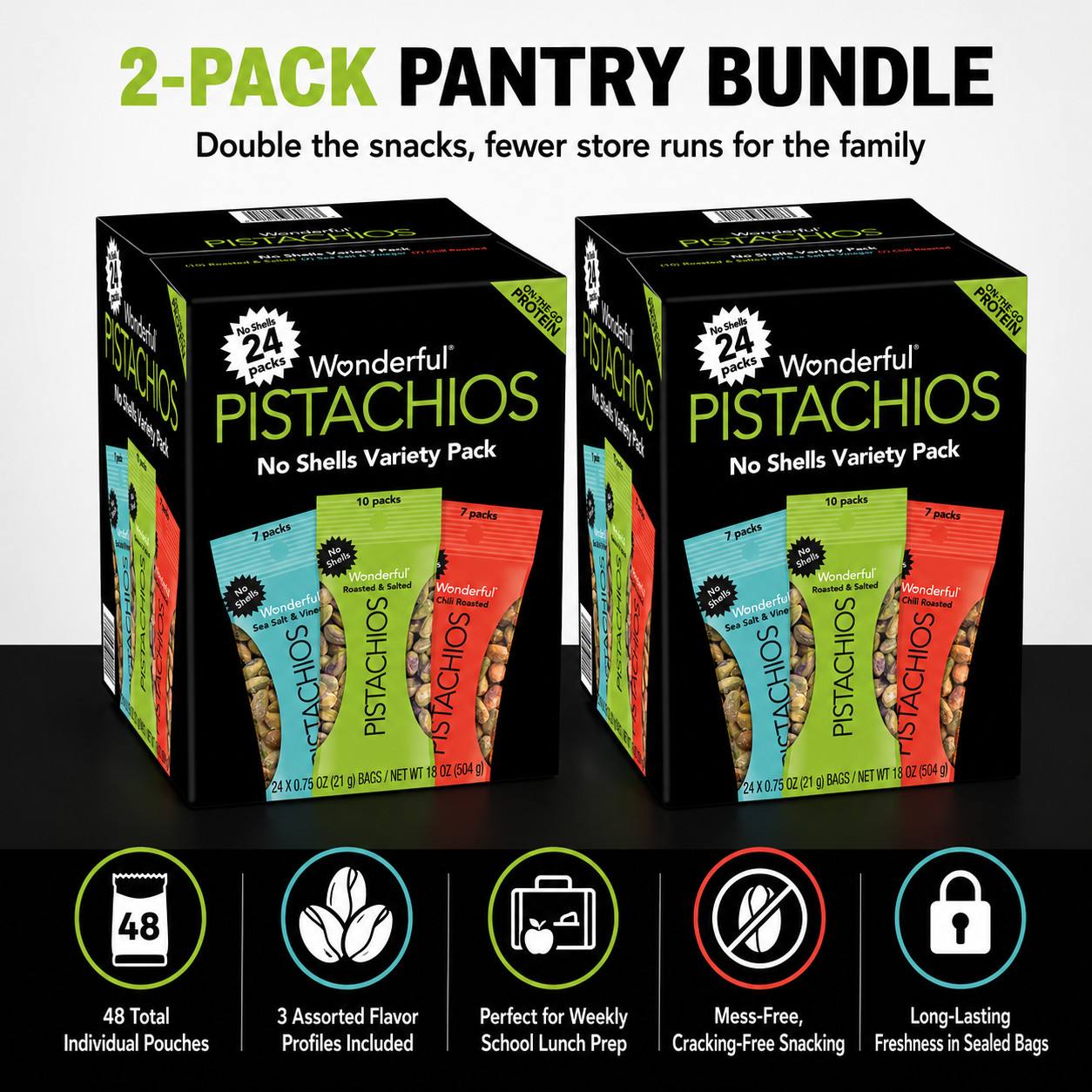 2 Pack Wonderful Pistachios, No Shell, Variety Pack, .75 oz, 24-count