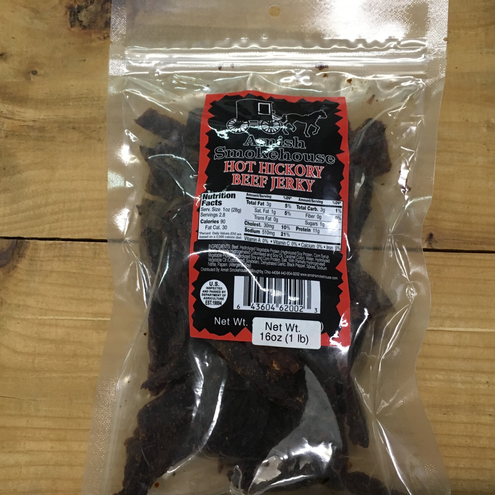 Amish Smokehouse Beef Jerky, 16oz Bulk Bag, Hot Hickory