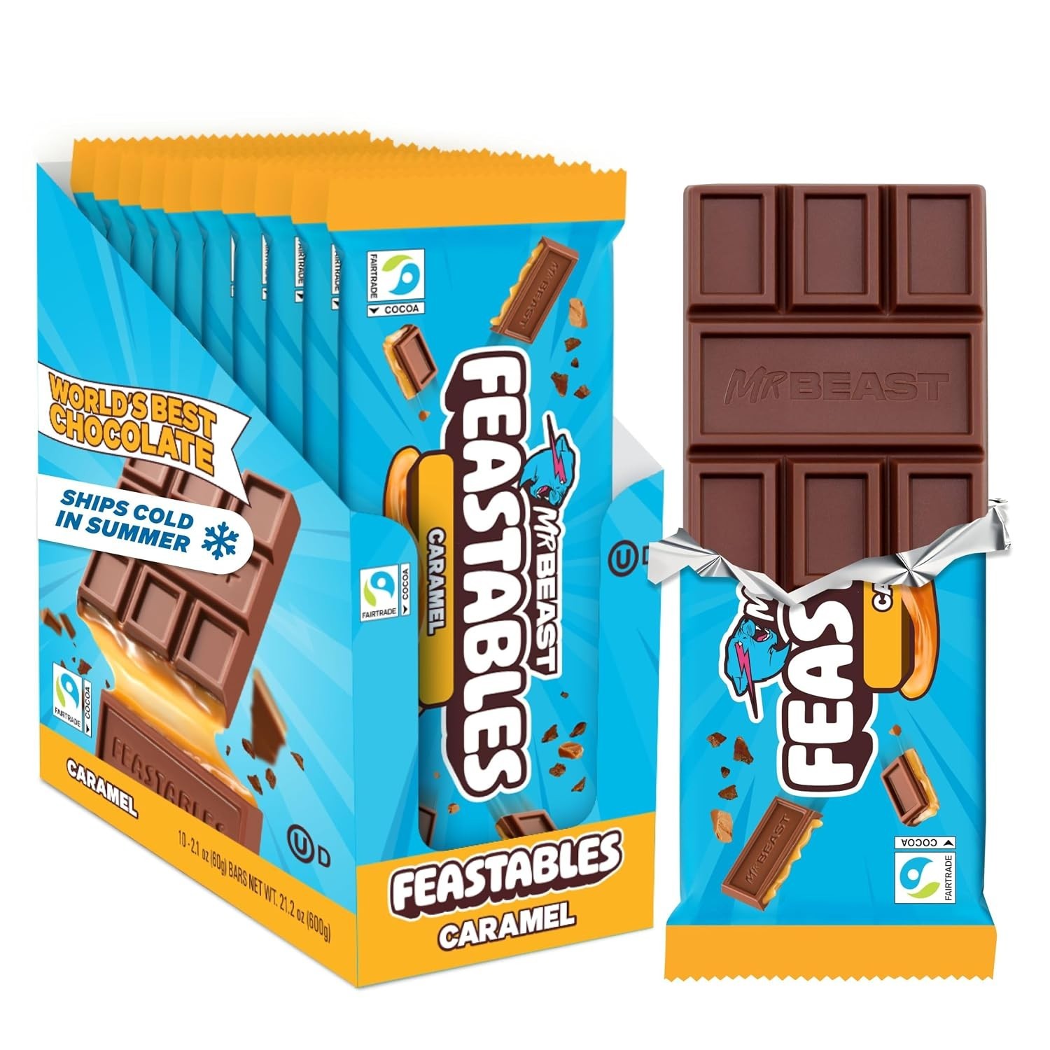 MrBeast Feastables Caramel Chocolate Bar King Size 10 Ct Fairtrade Cocoa