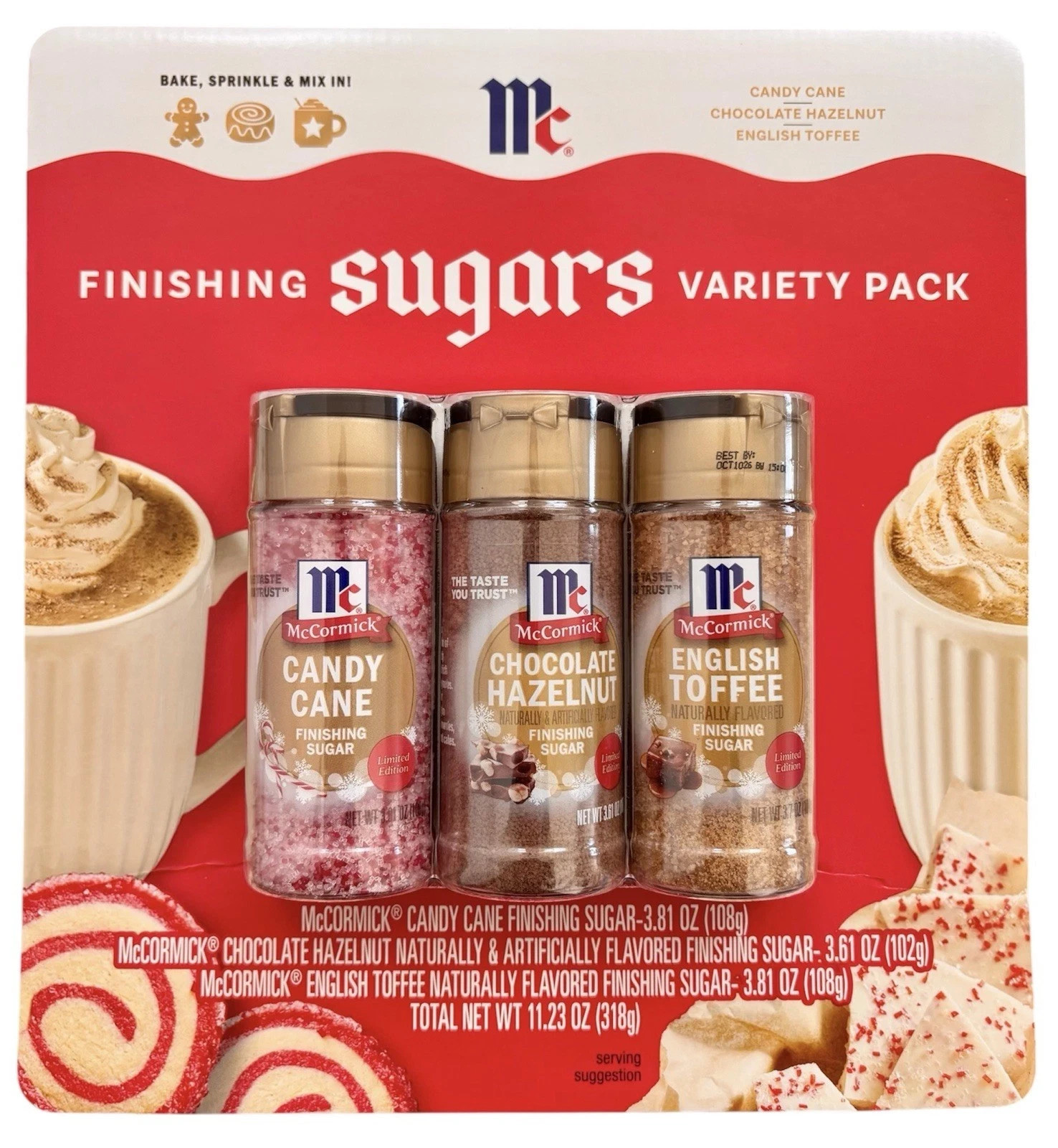 McCormick Finishing Sugar Holiday 3 Pack Choc Hazelnut, Toffee, Candy Cane