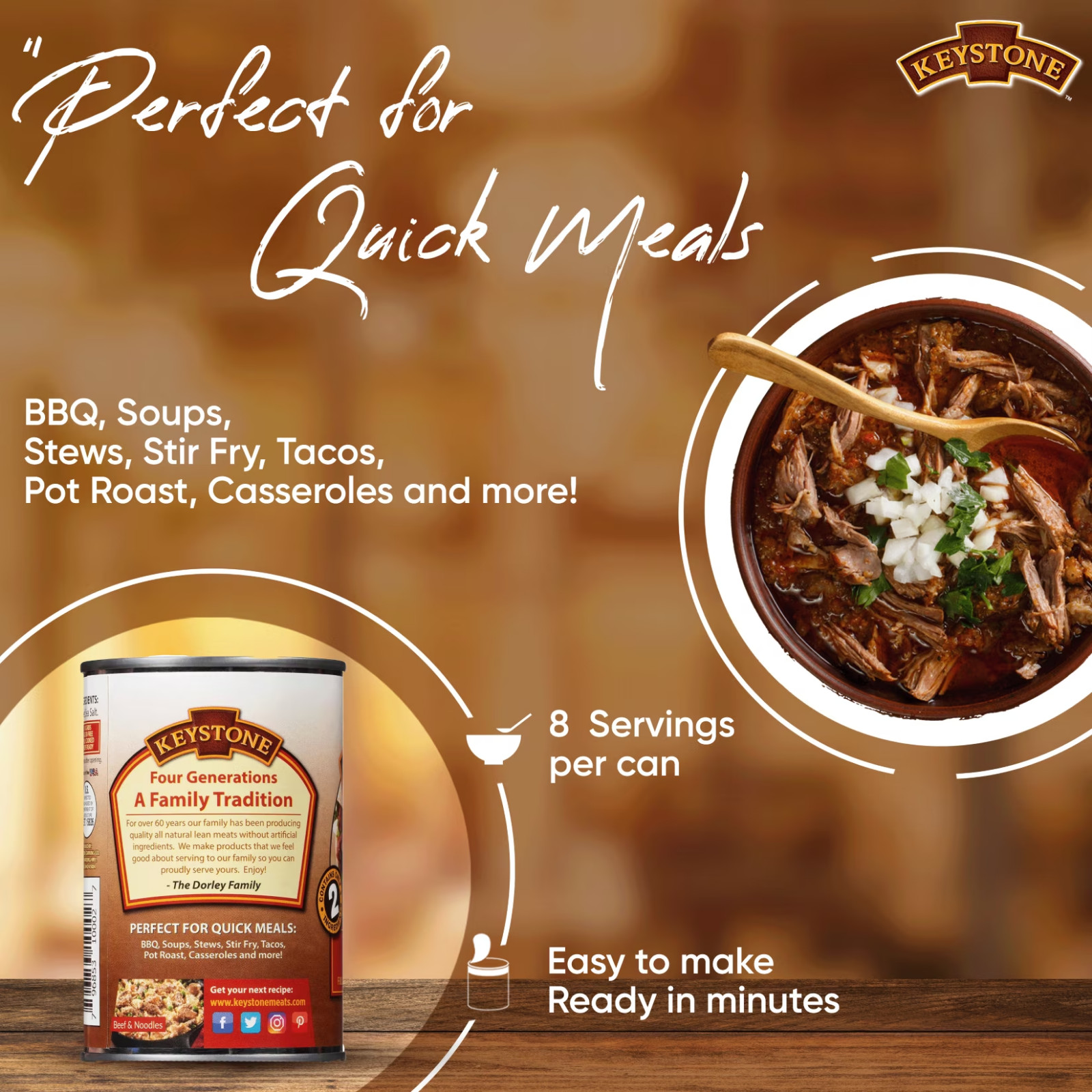 Keystone Meats All Natural Beef 3 Cans | Fully Cooked 14.5 oz Canned Meat Bulk