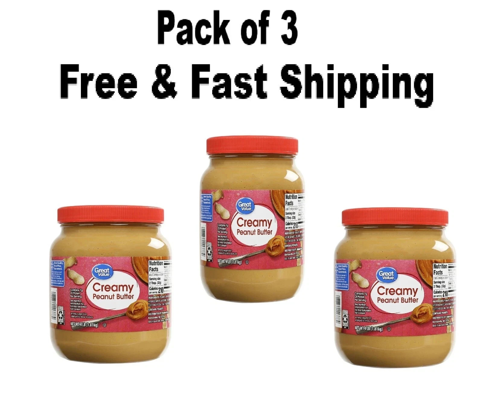 Great Value Creamy Peanut Butter, Spread, 64 oz Jar (3 Pack)