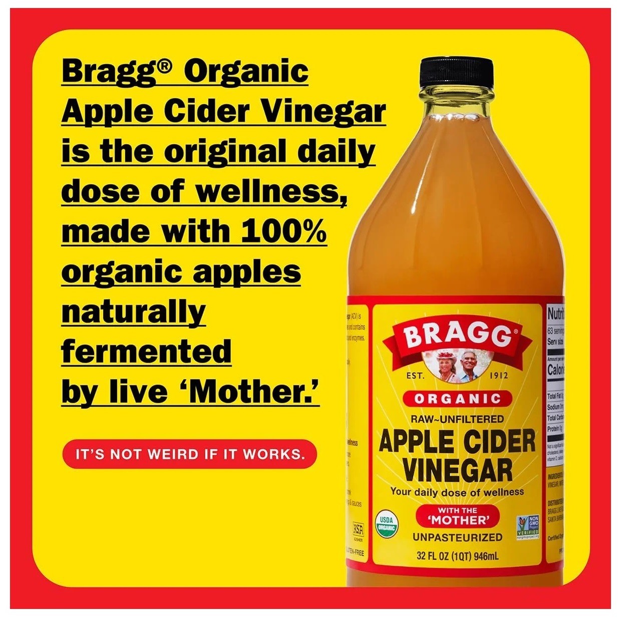 Bragg Organic Apple Cider Vinegar with the Mother, Raw and Unfiltered, 32 fl oz.