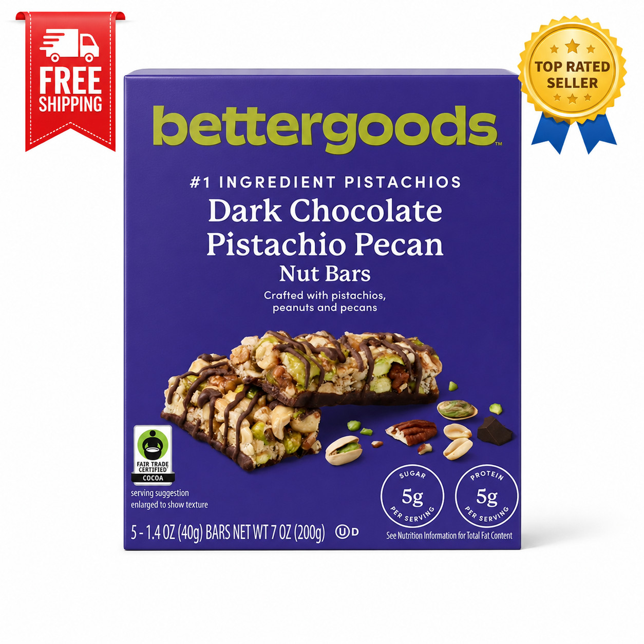bettergoods Dark Chocolate Pistachio Pecan Nut Bars 5 Count 7 oz Box Snack