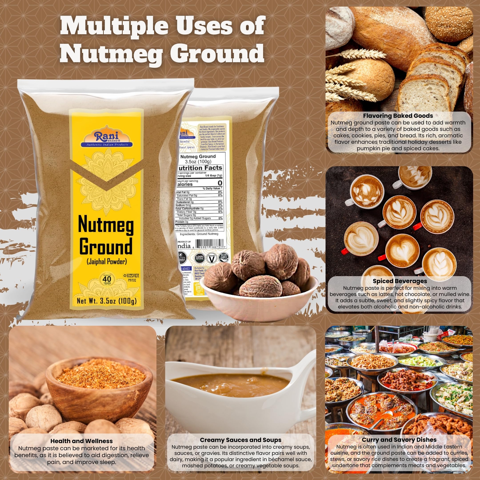 Rani Nutmeg (Jaiphul) Ground Powder Spice, 3.5oz (100g)