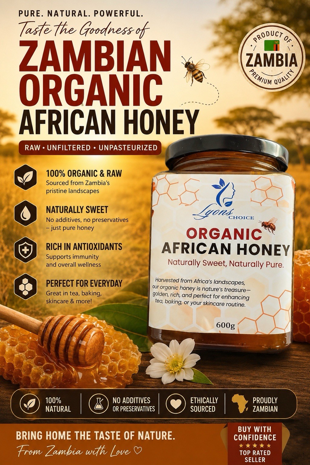 Premium Zambian Wildflower African Honey organic 100% natural 600g /22oz