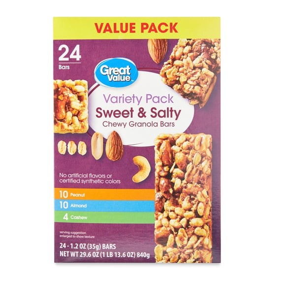 Great Value sweet & salty chewy granola Bars, Variety Pack, 1.2 oz, 24 Count.