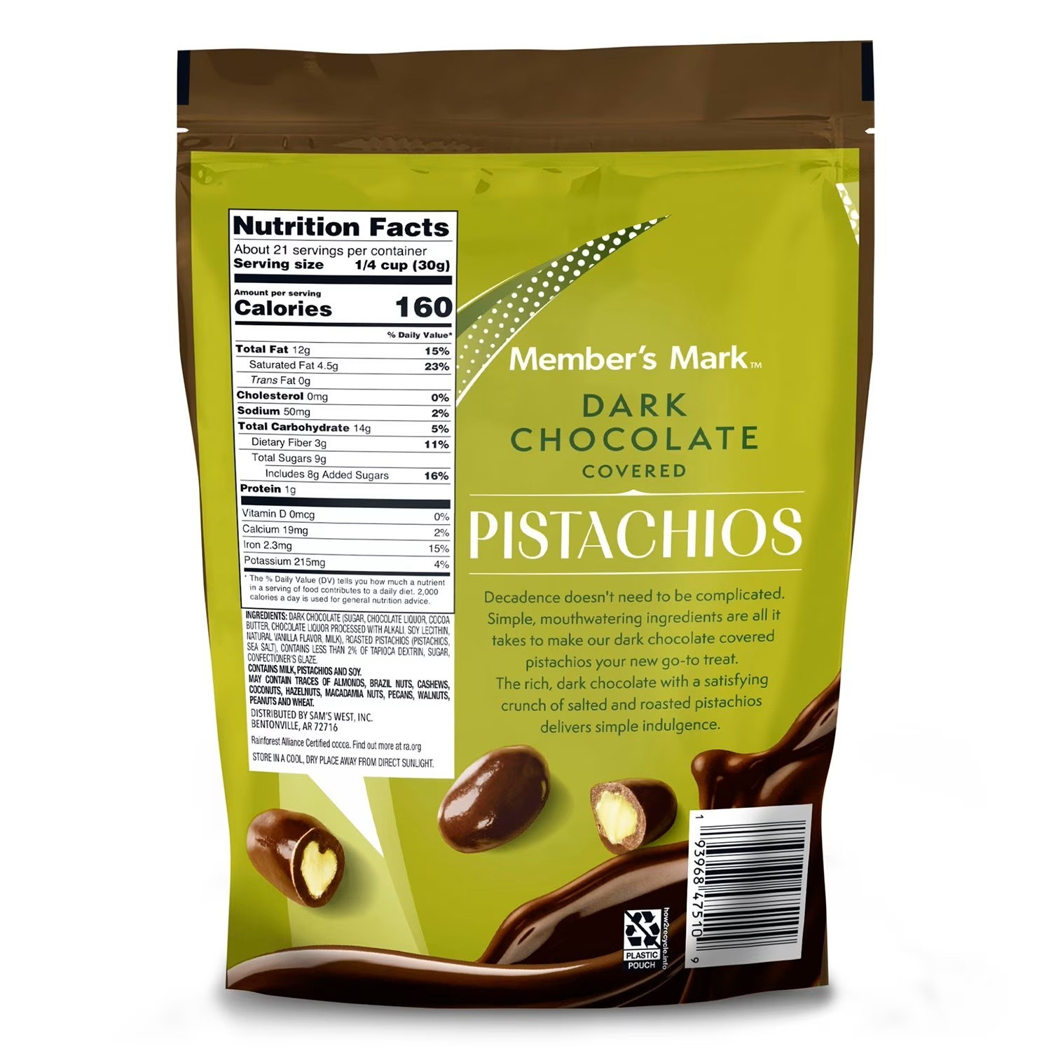 Member’s Mark Dark Chocolate Covered Roasted Pistachios, 22 oz Free Shipping