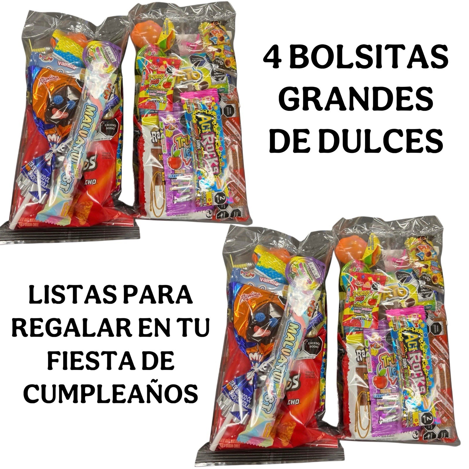 4X BOLSITAS DE DULCES PARA REGALAR EN TU FIESTA DE CUMPLEAÑOS – 4 BAGS W/CANDIES