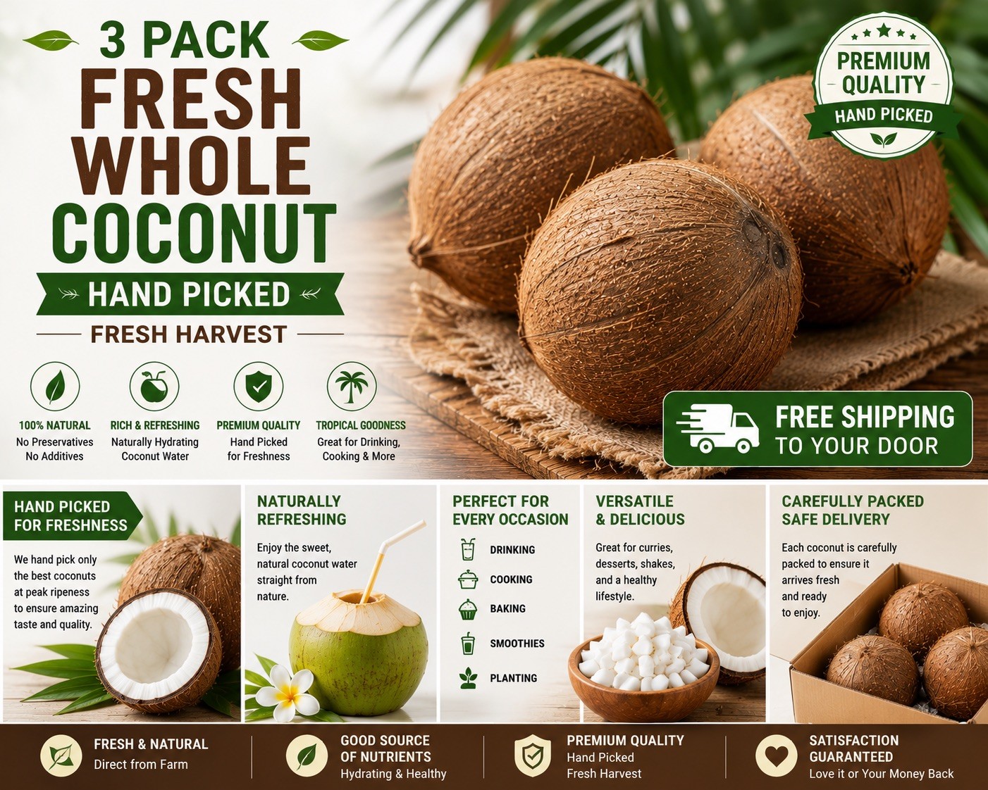 3 Fresh Whole Coconuts Hand Picked Fresh Harvest Tropical Fruit Free Shipping
