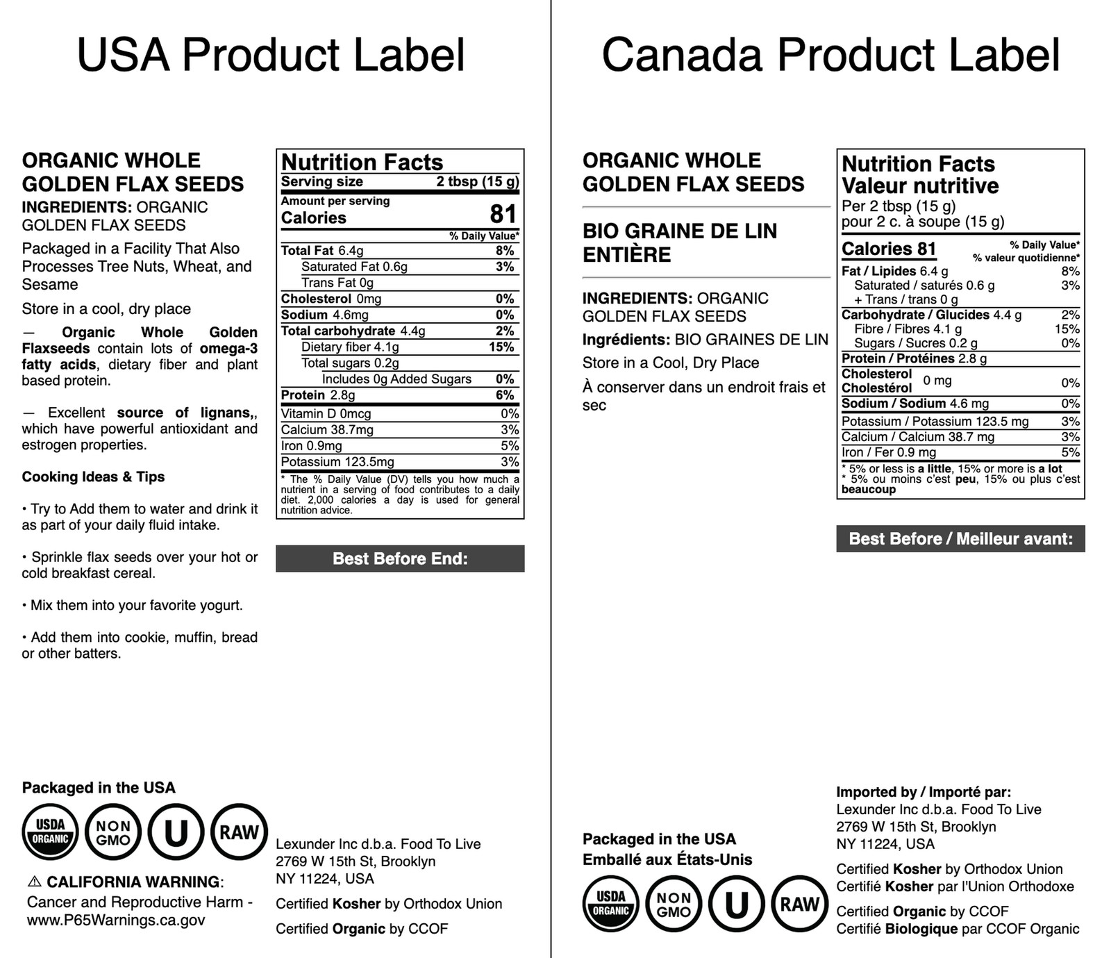 Organic Whole Golden Flax Seeds – Non-GMO, Kosher, Raw, Vegan – by Food To Live