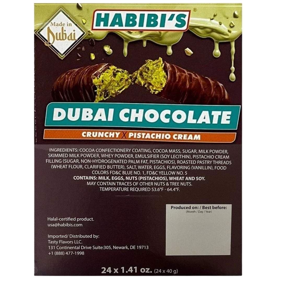 Habibi’s Dubai Chocolate Crunchy Pistachio Cream, Pack of 24, 40grams Each Halal