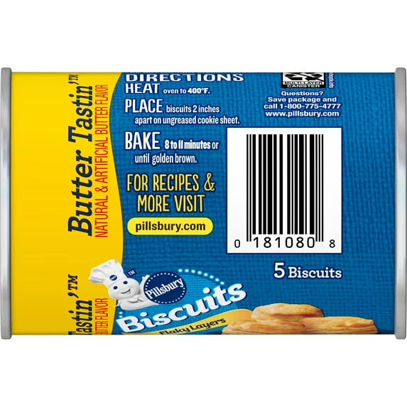 Pillsbury Flaky Layers Butter Tastin’ Canned Biscuits, 5 Count, 6 oz