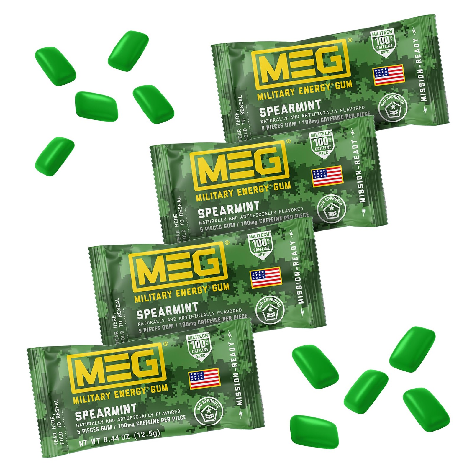 Military Energy Gum | 100mg of Caffeine 5 Count (Pack 4), Spearmint