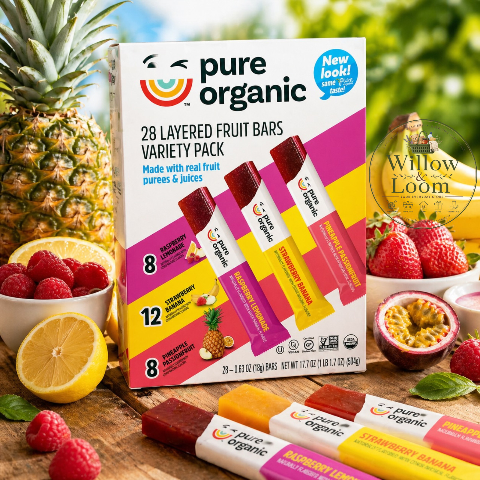 Pure Organic 28 Layered Fruit Bars Variety Pack Non-GMO Vegan Gluten Free 17.7OZ